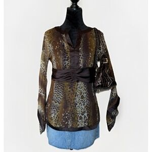 Y2K 100% Silk St. Tropez West Animal Print Bell Sleeve Blouse Brown Cheetah M